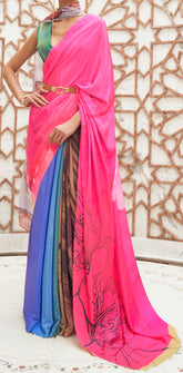 Pink Floral Inspired Digital Printed Kalamkari Saree On pure silk crape